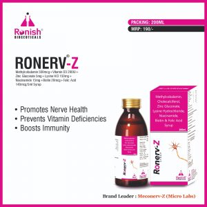 RONERV Z - METHYLCOBALAMIN 500MCG + VITAMIN D3 200IU + ZINC GLUCONATE 5MG + LYSINE HCL 150MG + NIACINAMIDE 15MG + BIOTIN 20MCG + FOLIC ACID 140MCG5ML SYRUP